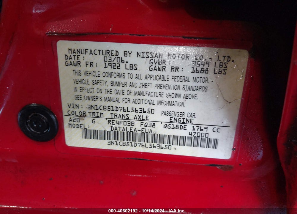 2006 NISSAN SENTRA 1.8S VIN: 3N1CB51D76L563650