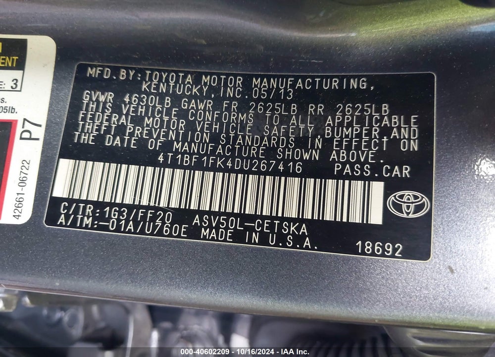2013 TOYOTA CAMRY SE VIN: 4T1BF1FK4DU267416