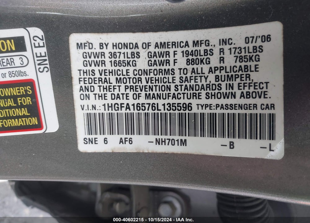 2006 HONDA CIVIC LX VIN: 1HGFA16576L135596