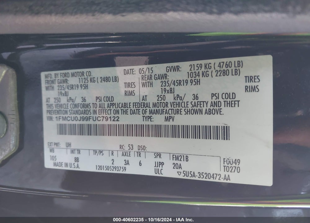 2015 FORD ESCAPE TITANIUM VIN: 1FMCU0J99FUC79122