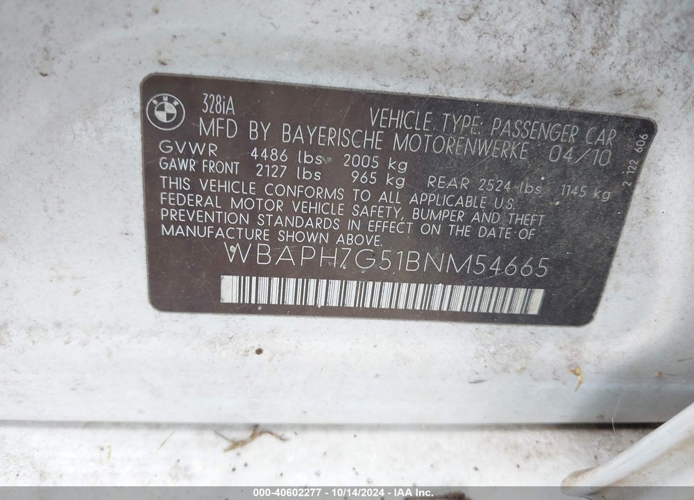 2011 BMW 328I VIN: WBAPH7G51BNM54665