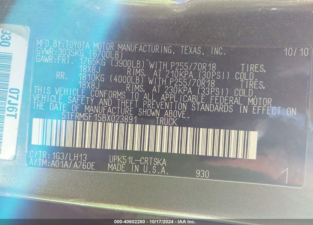 2011 TOYOTA TUNDRA GRADE 4.6L V8 VIN: 5TFRM5F15BX023891