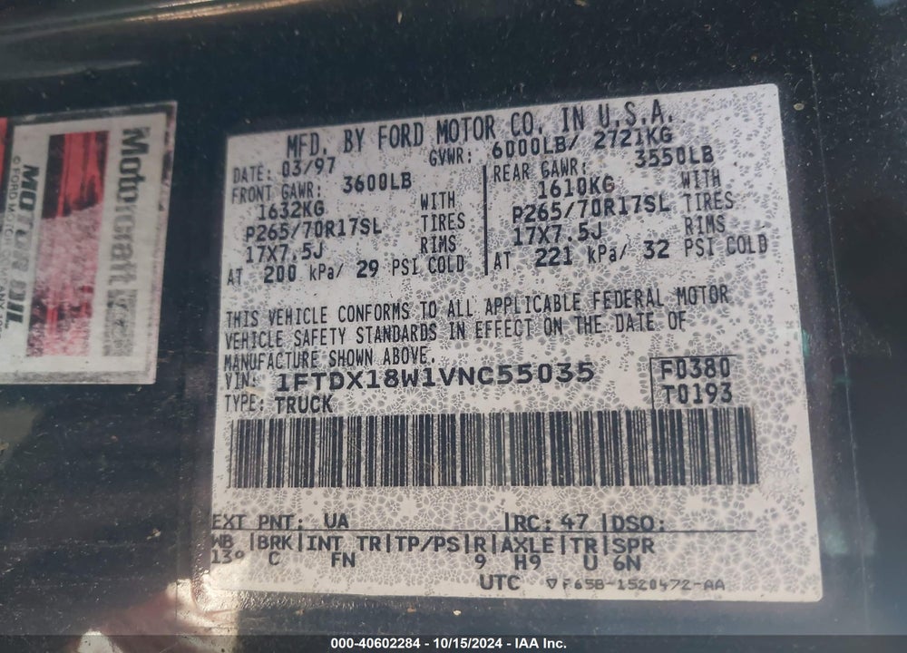 1997 FORD F-150 LARIAT/XL/XLT VIN: 1FTDX18W1VNC55035