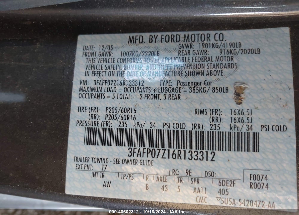 2006 FORD FUSION SE VIN: 3FAFP07Z16R133312