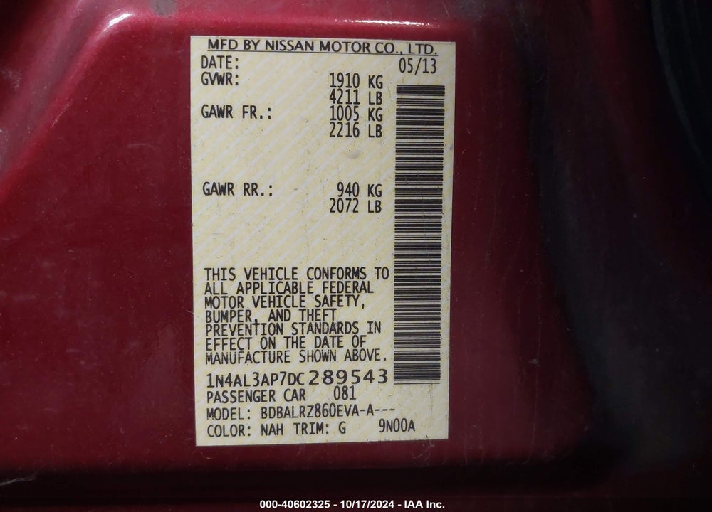 2013 NISSAN ALTIMA 2.5 S VIN: 1N4AL3AP7DC289543