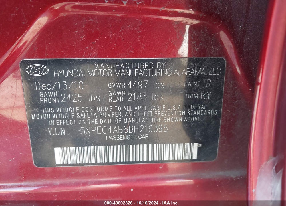 2011 HYUNDAI SONATA SE 2.0T VIN: 5NPEC4AB6BH216395
