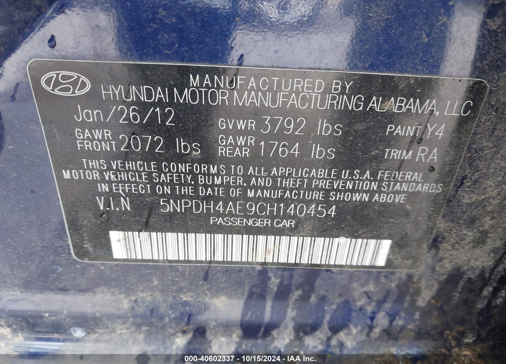 2012 HYUNDAI ELANTRA GLS VIN: 5NPDH4AE9CH140454