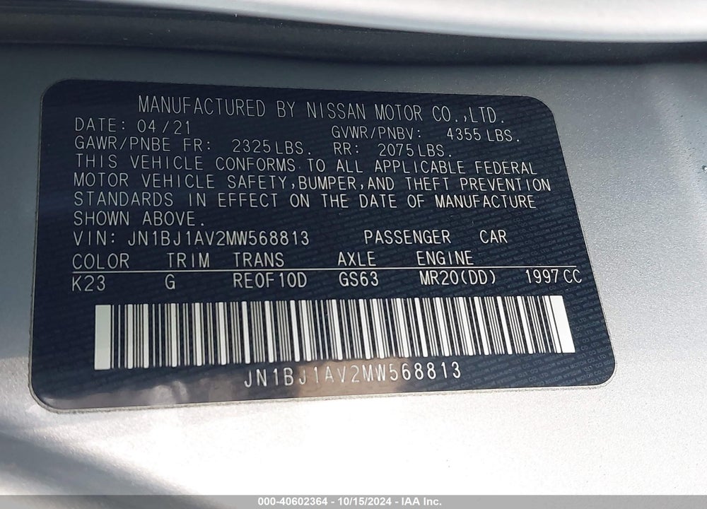 2021 NISSAN ROGUE SPORT S FWD XTRONIC CVT VIN: JN1BJ1AV2MW568813