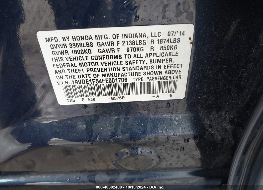 2015 ACURA ILX 2.0L VIN: 19VDE1F54FE001706