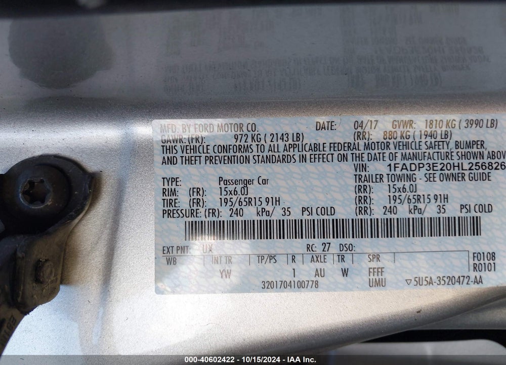 2017 FORD FOCUS S VIN: 1FADP3E20HL256826