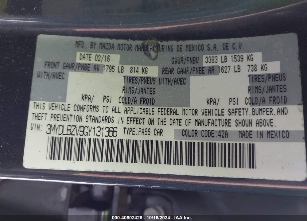 2016 SCION IA VIN: 3MYDLBZV9GY131366