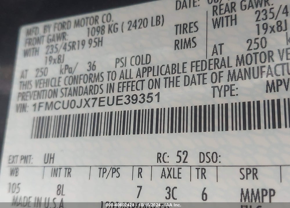 2014 FORD ESCAPE TITANIUM VIN: 1FMCU0JX7EUE39351