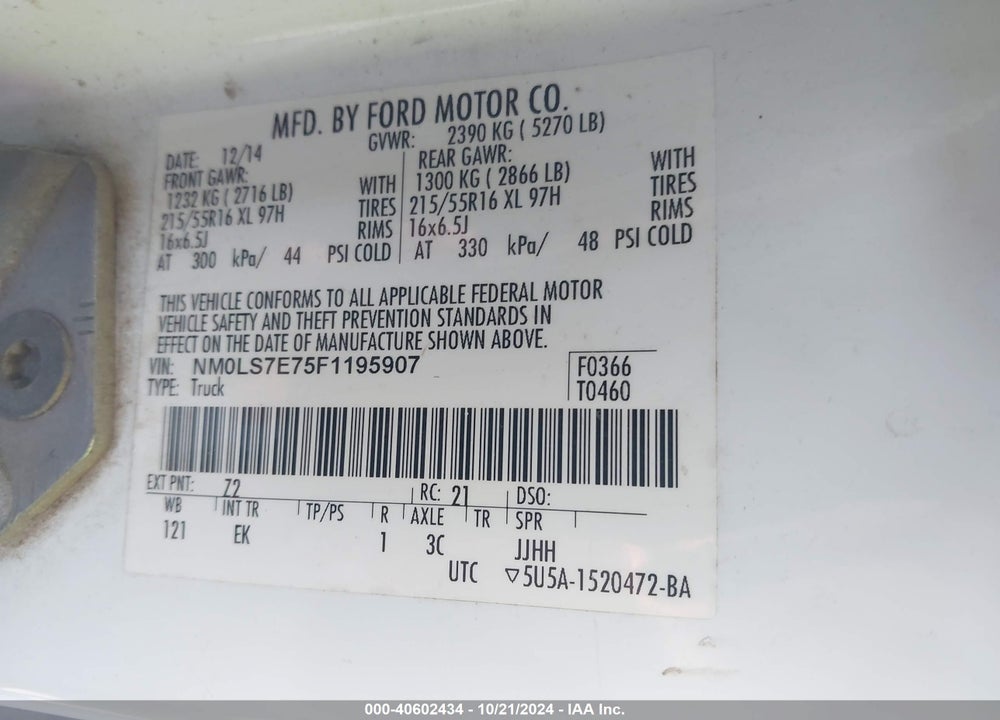 2015 FORD TRANSIT CONNECT XL VIN: NM0LS7E75F1195907