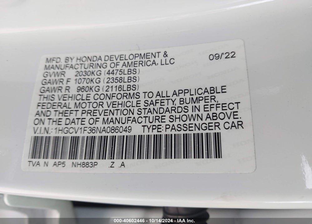 2022 HONDA ACCORD SPORT VIN: 1HGCV1F36NA086049
