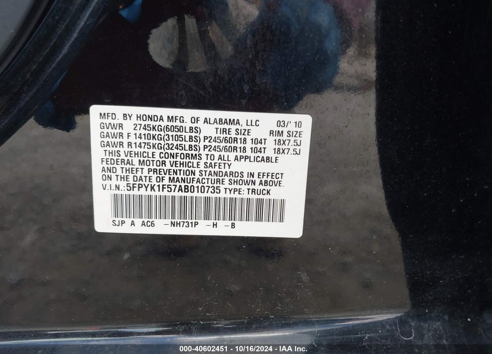 2010 HONDA RIDGELINE RTL VIN: 5FPYK1F57AB010735
