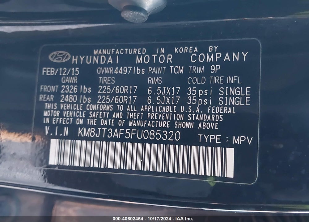 2015 HYUNDAI TUCSON GLS VIN: KM8JT3AF5FU085320