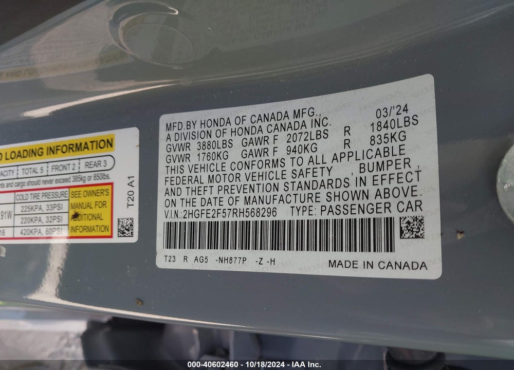 2024 HONDA CIVIC VIN: 2HGFE2F57RH568296