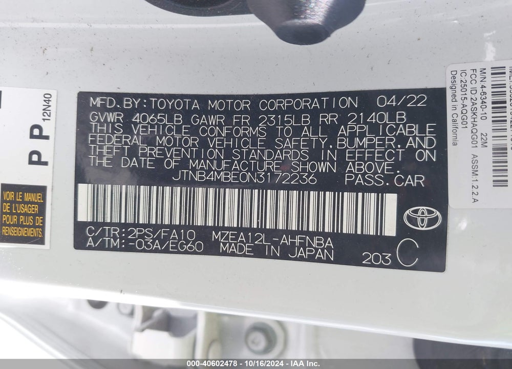 2022 TOYOTA COROLLA SE VIN: JTNB4MBE0N3172236
