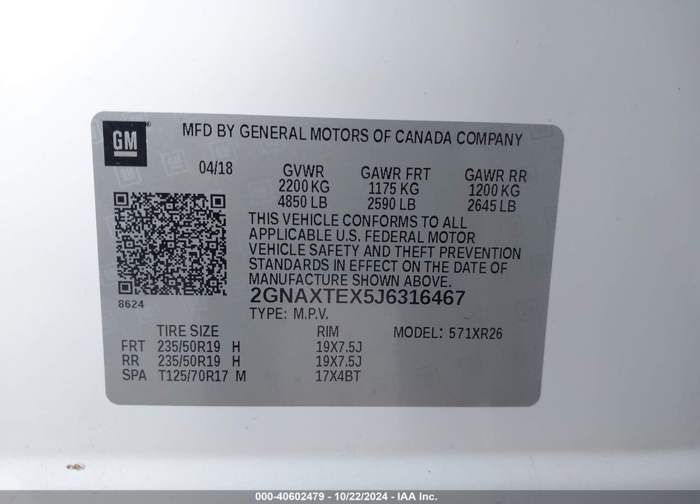 2018 CHEVROLET EQUINOX LT VIN: 2GNAXTEX5J6316467