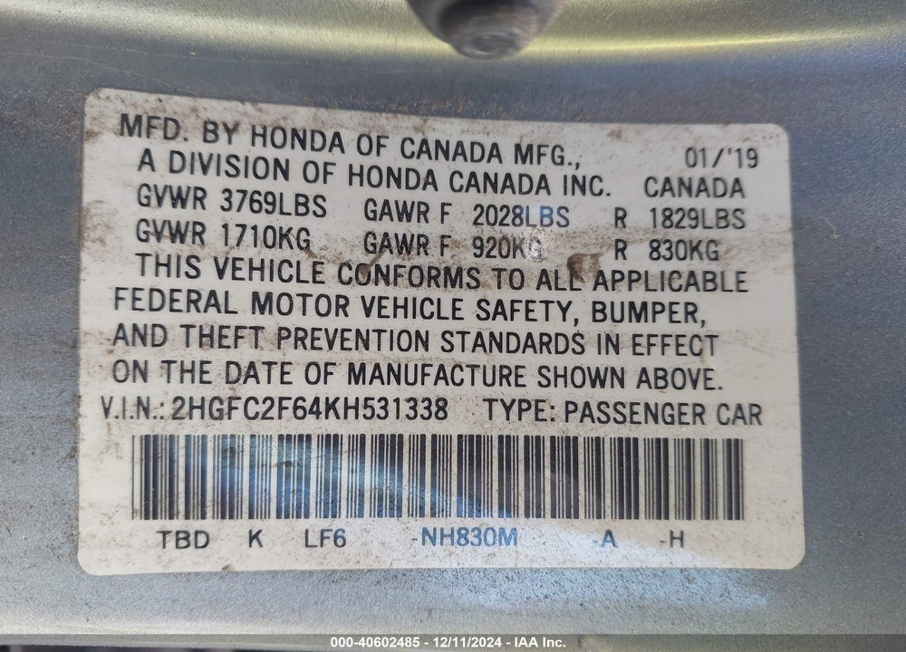 2019 HONDA CIVIC VIN: 2HGFC2F64KH531338