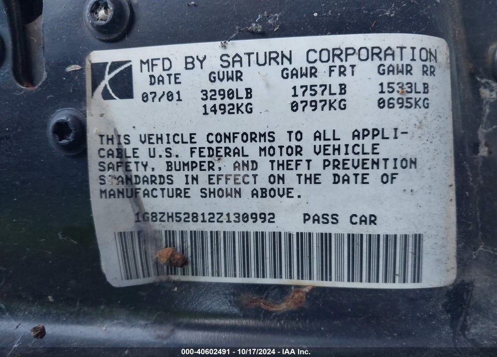 2002 SATURN S-SERIES SL1 VIN: 1G8ZH52812Z130992