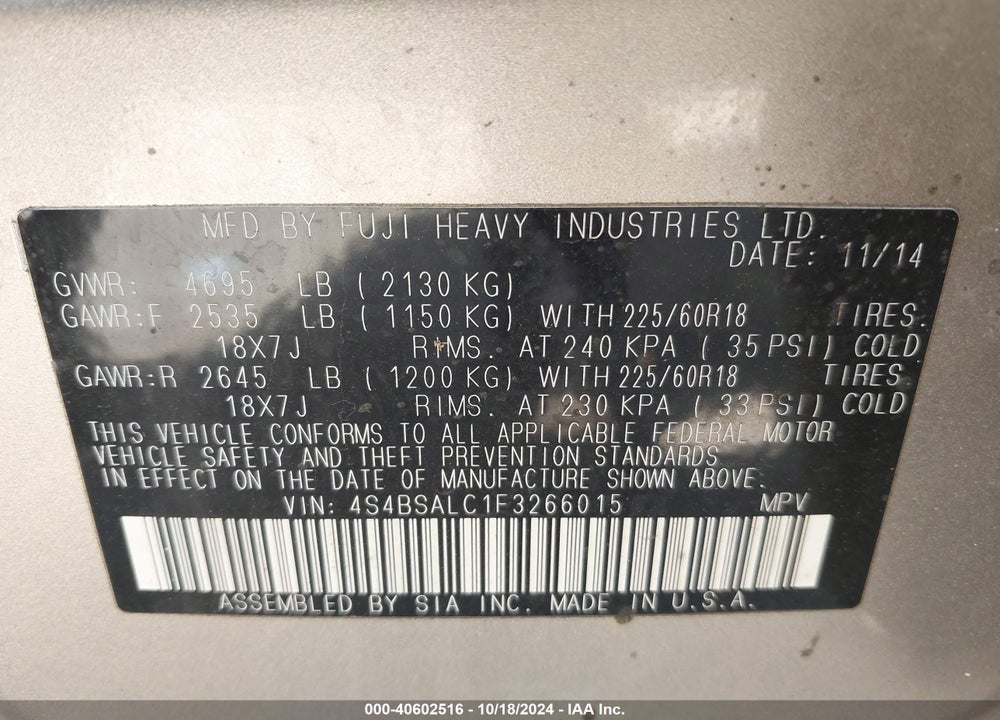 2015 SUBARU OUTBACK 2.5I LIMITED VIN: 4S4BSALC1F3266015