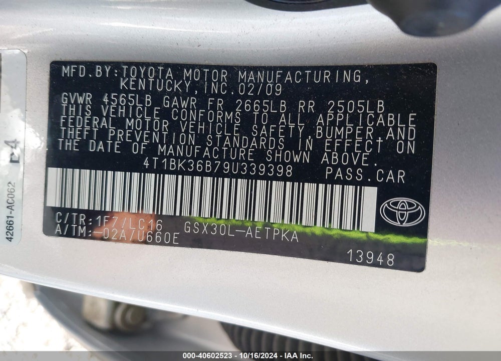 2009 TOYOTA AVALON LIMITED VIN: 4T1BK36B79U339398
