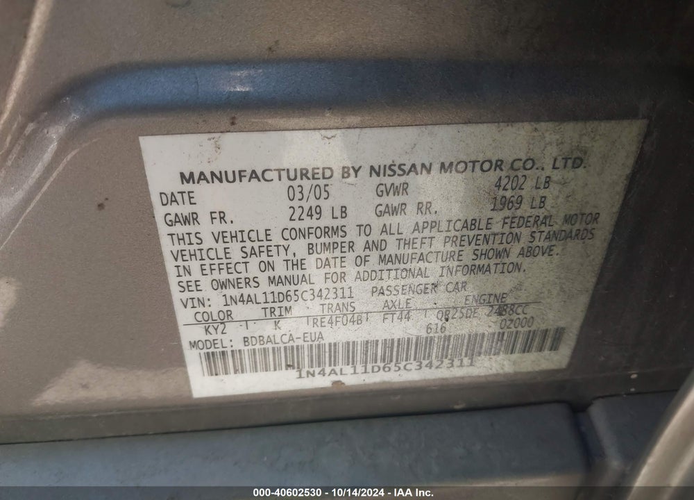 2005 NISSAN ALTIMA 2.5 S VIN: 1N4AL11D65C342311