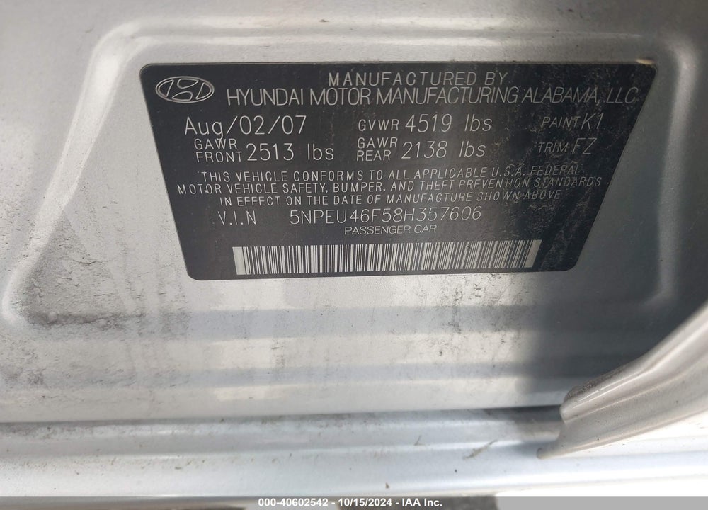 2008 HYUNDAI SONATA LIMITED V6/SE V6 VIN: 5NPEU46F58H357606