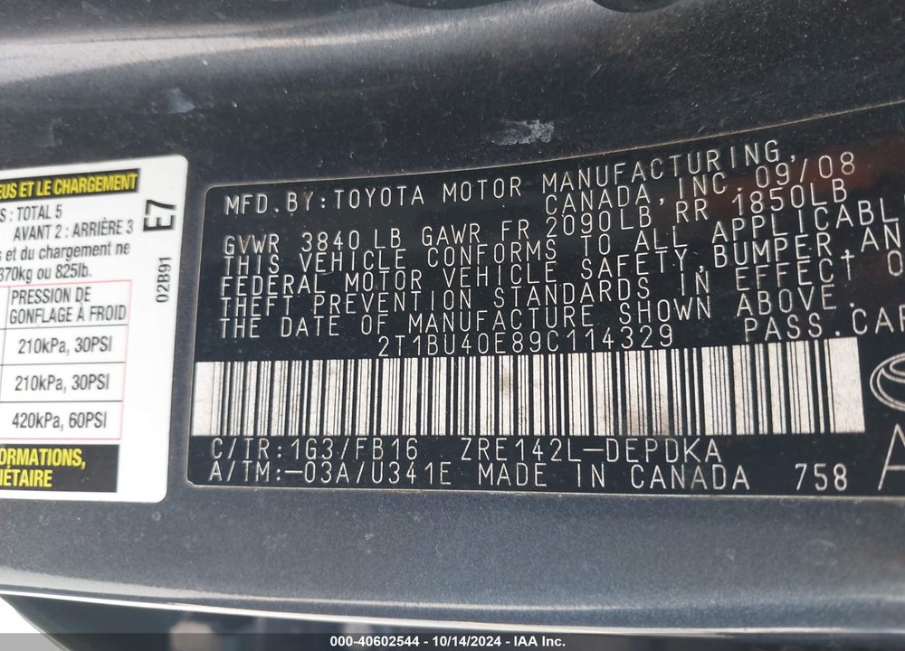 2009 TOYOTA COROLLA LE VIN: 2T1BU40E89C114329