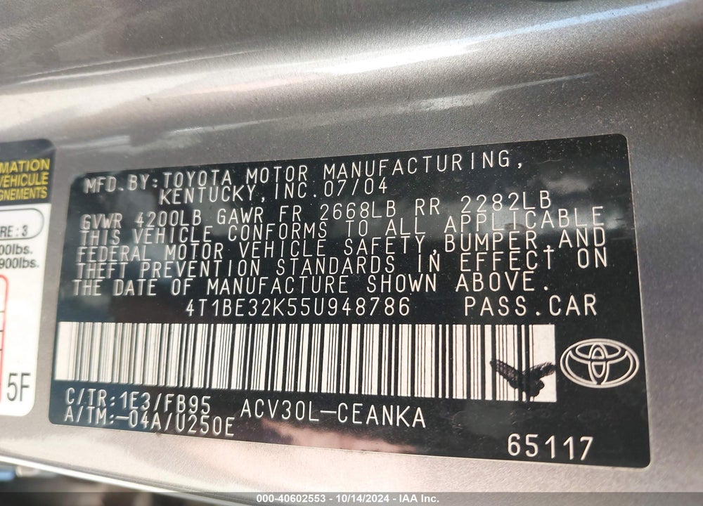 2005 TOYOTA CAMRY LE VIN: 4T1BE32K55U948786