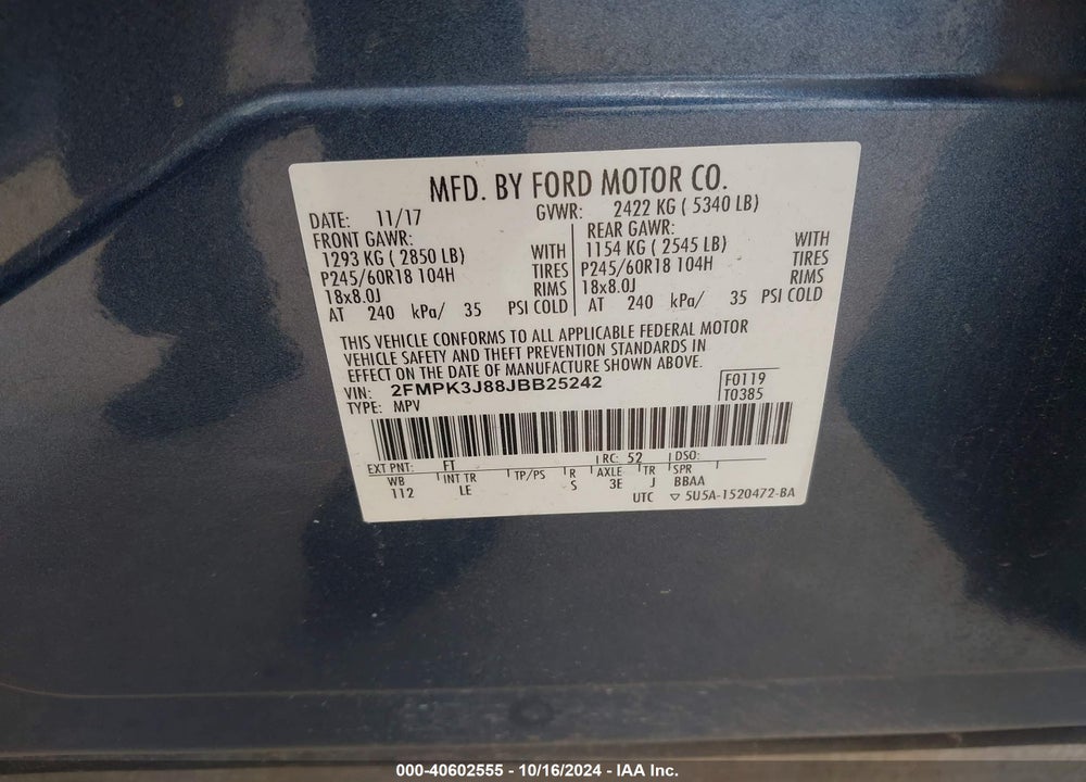 2018 FORD EDGE SEL VIN: 2FMPK3J88JBB25242