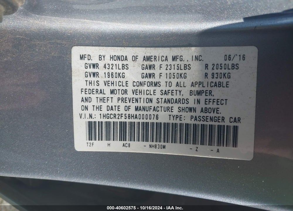 2017 HONDA ACCORD SPORT VIN: 1HGCR2F58HA000076