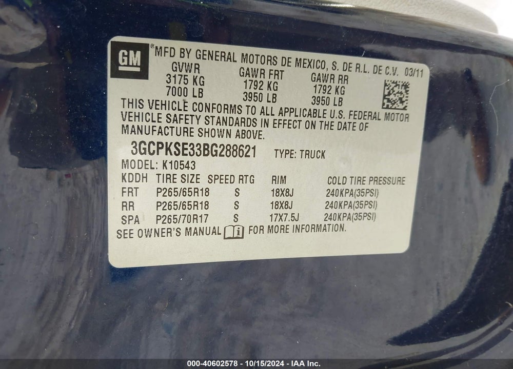 2011 CHEVROLET SILVERADO 1500 LT VIN: 3GCPKSE33BG288621