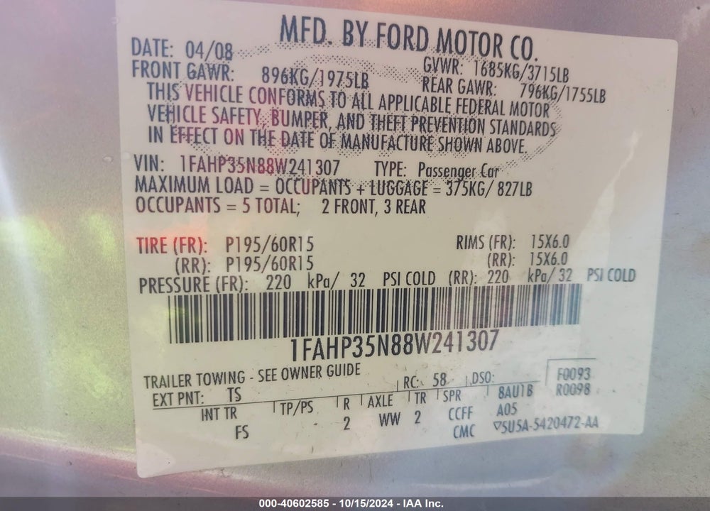 2008 FORD FOCUS SE VIN: 1FAHP35N88W241307