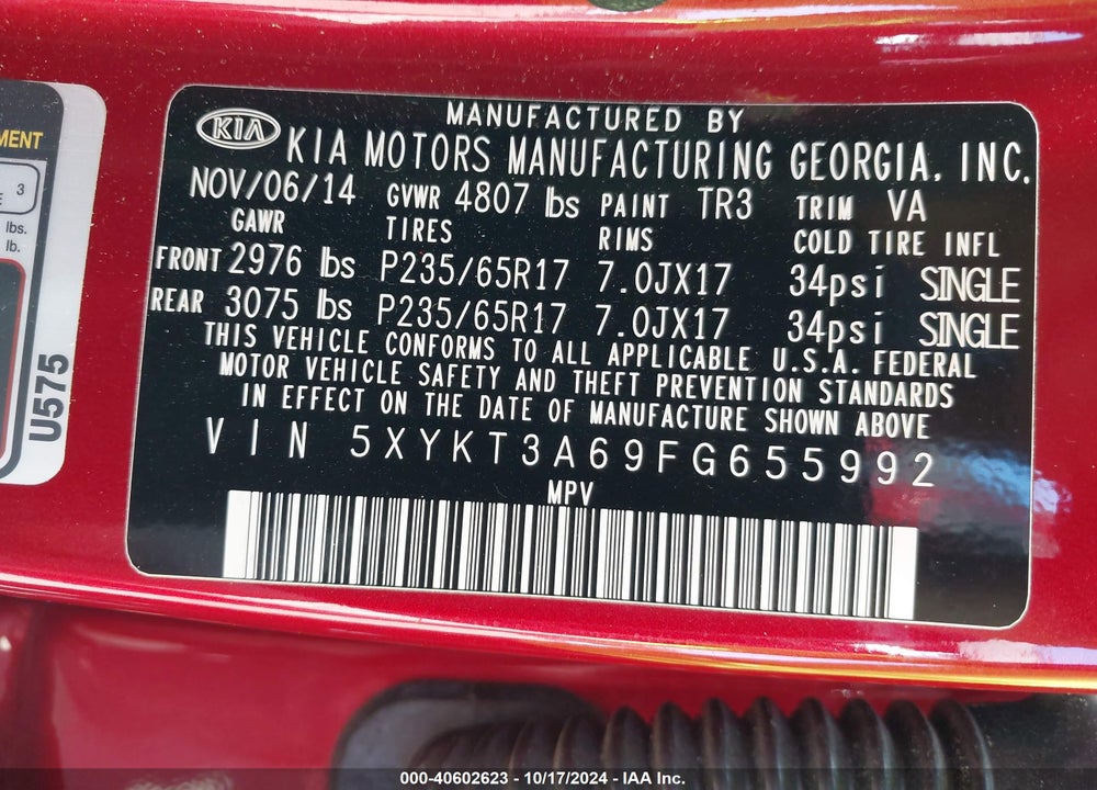 2015 KIA SORENTO LX VIN: 5XYKT3A69FG655992