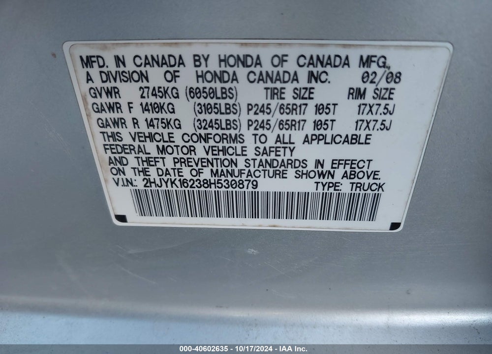 2008 HONDA RIDGELINE RT VIN: 2HJYK16238H530879