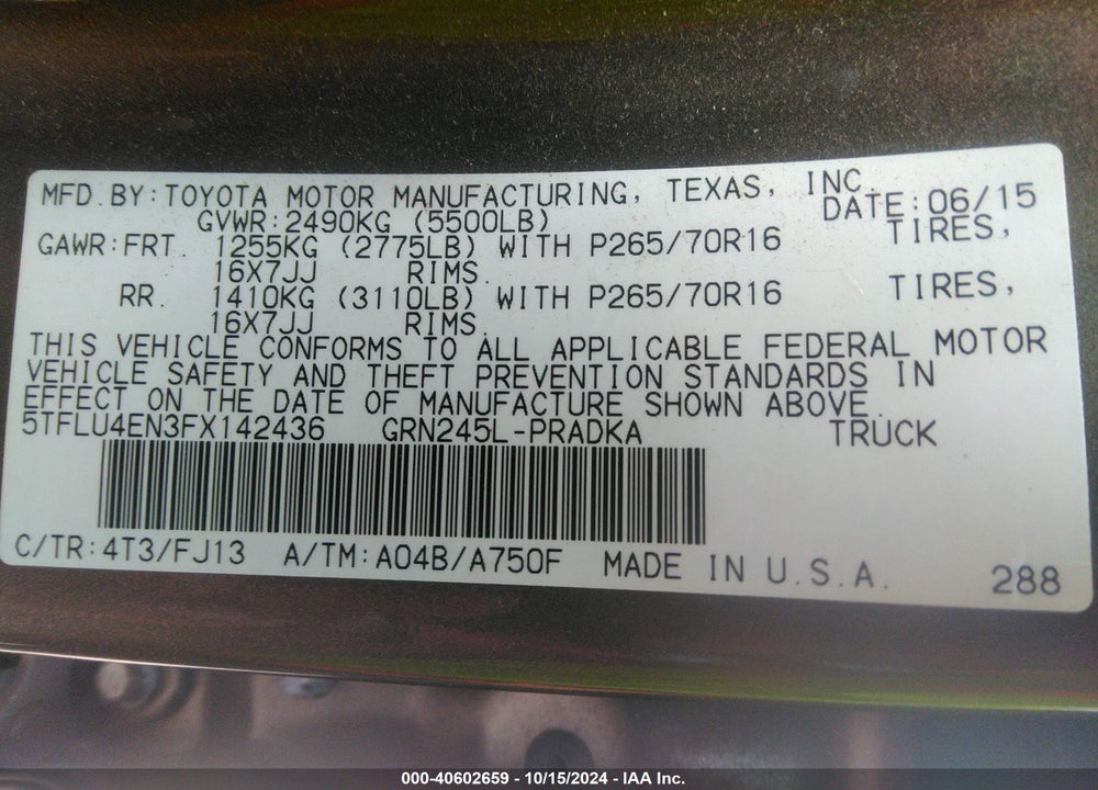 2015 TOYOTA TACOMA DOUBLE CAB/TRD PRO VIN: 5TFLU4EN3FX142436