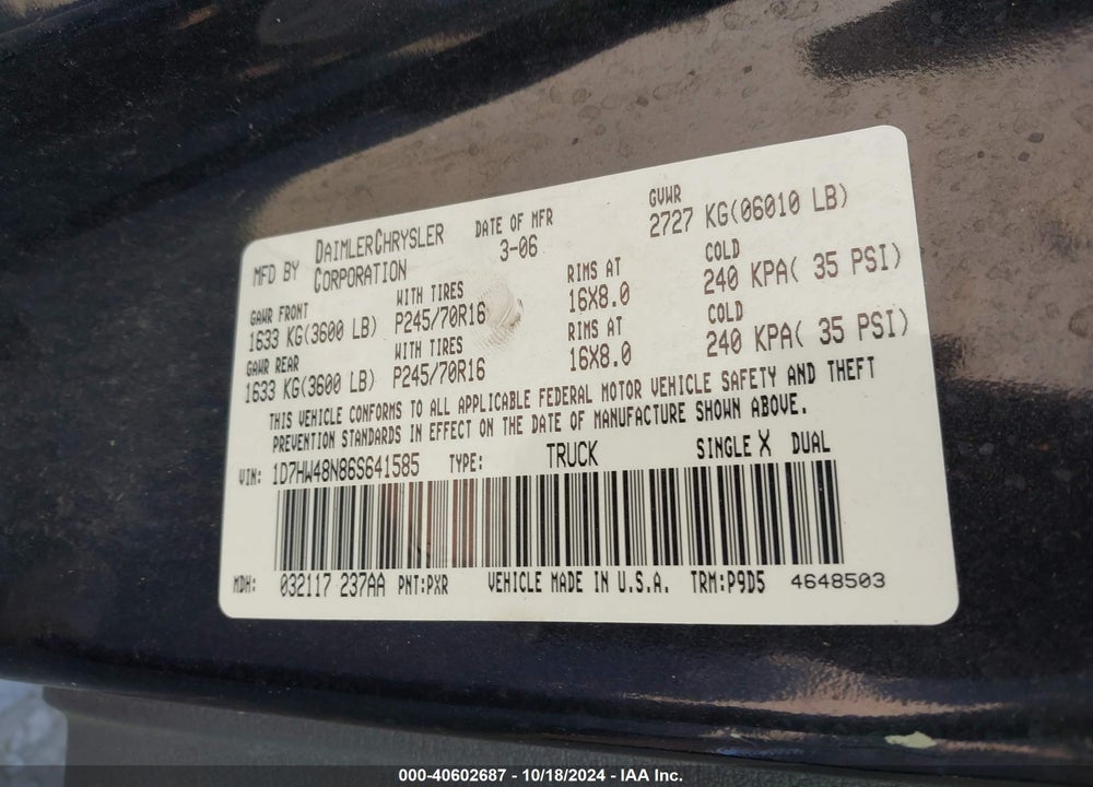 2006 DODGE DAKOTA SLT VIN: 1D7HW48N86S641585