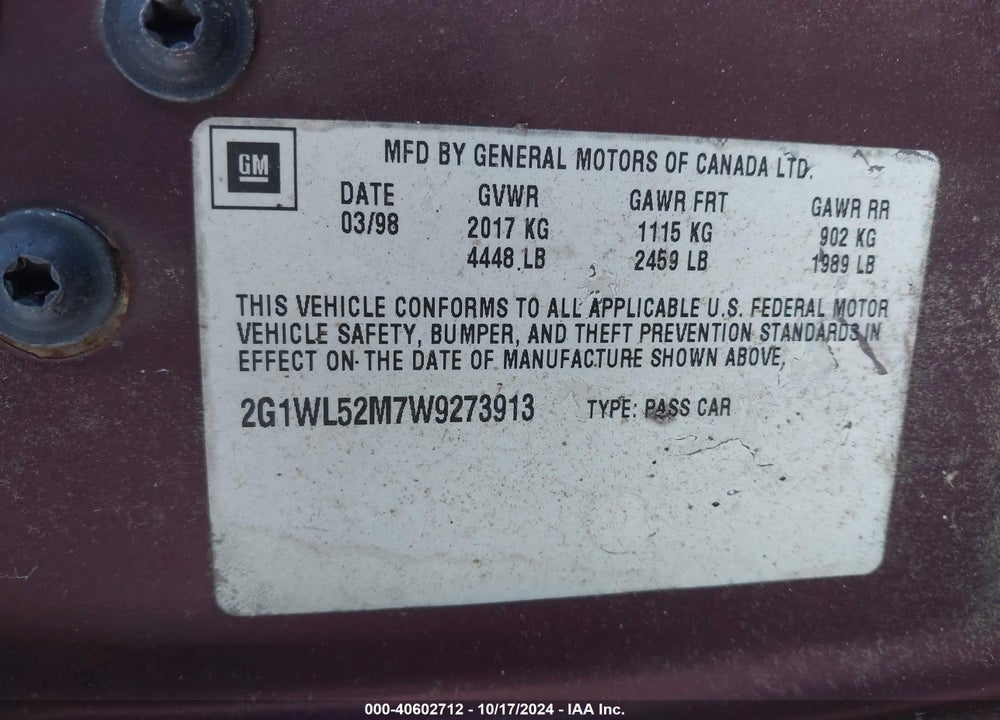 1998 CHEVROLET LUMINA VIN: 2G1WL52M7W9273913