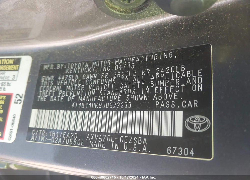 2018 TOYOTA CAMRY SE VIN: 4T1B11HK9JU622233