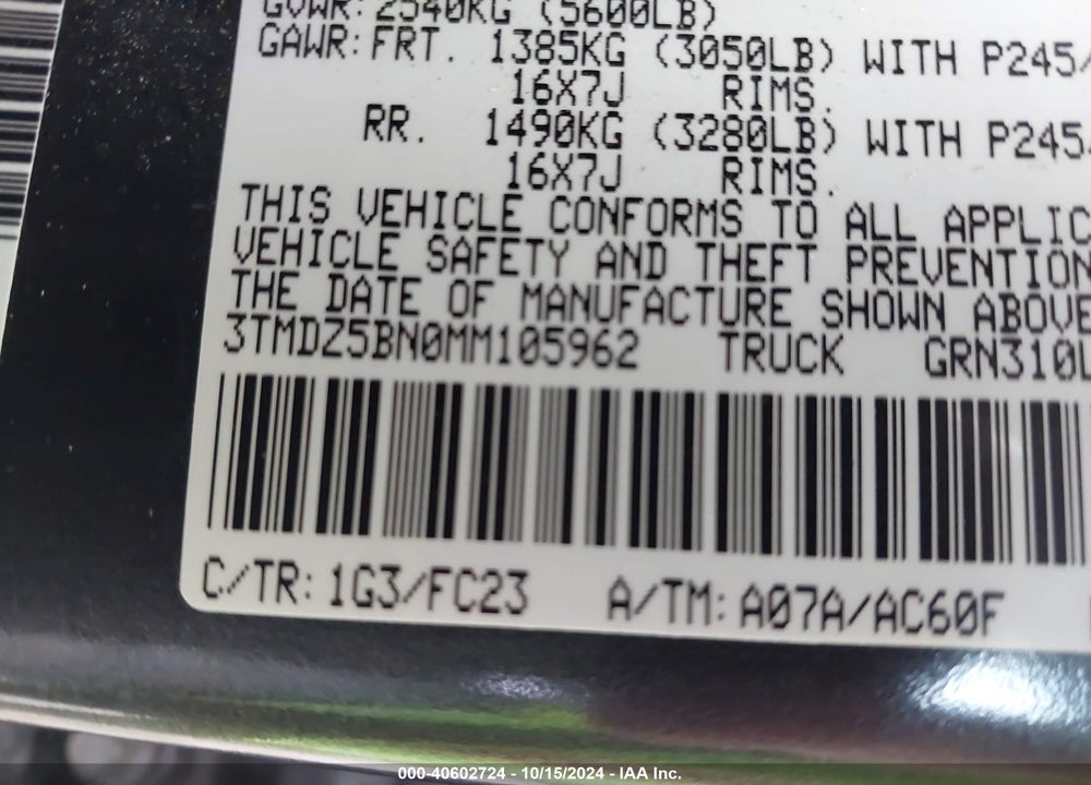 2021 TOYOTA TACOMA SR5 V6 VIN: 3TMDZ5BN0MM105962