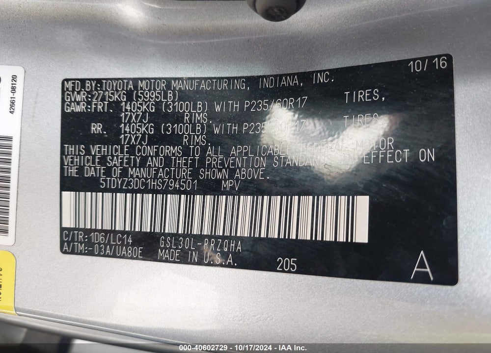 2017 TOYOTA SIENNA XLE 8 PASSENGER VIN: 5TDYZ3DC1HS794501