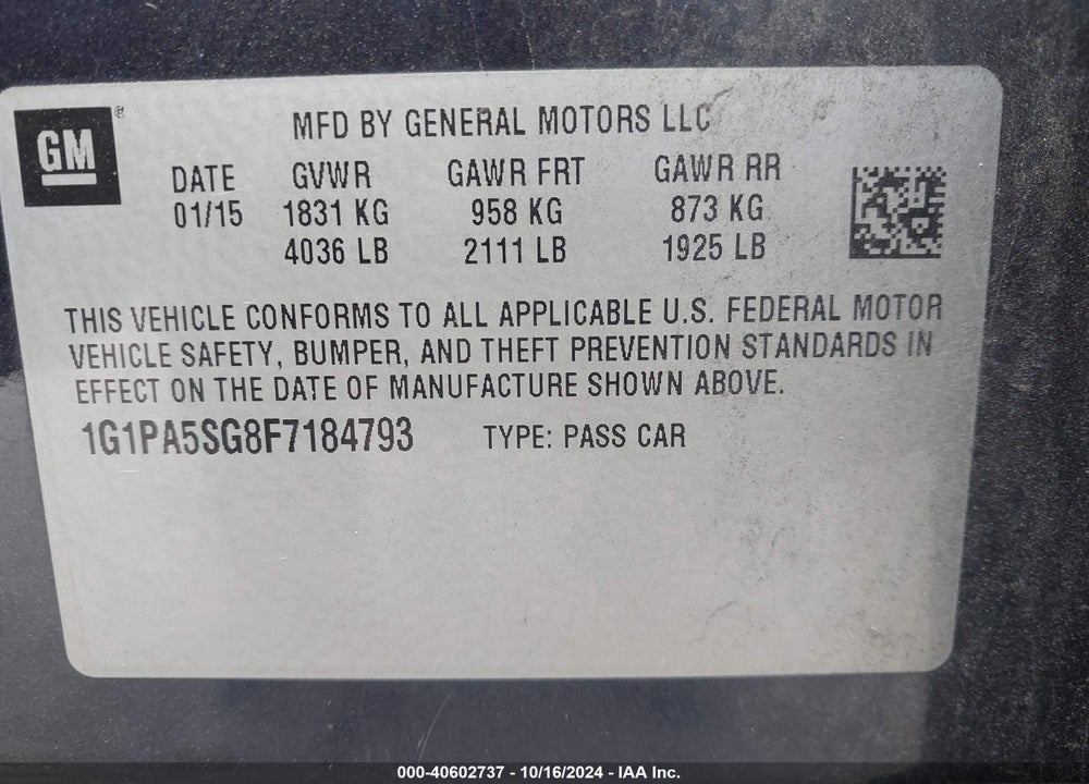 2015 CHEVROLET CRUZE LS AUTO VIN: 1G1PA5SG8F7184793