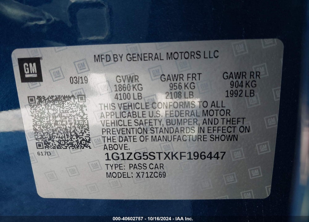 2019 CHEVROLET MALIBU RS VIN: 1G1ZG5STXKF196447