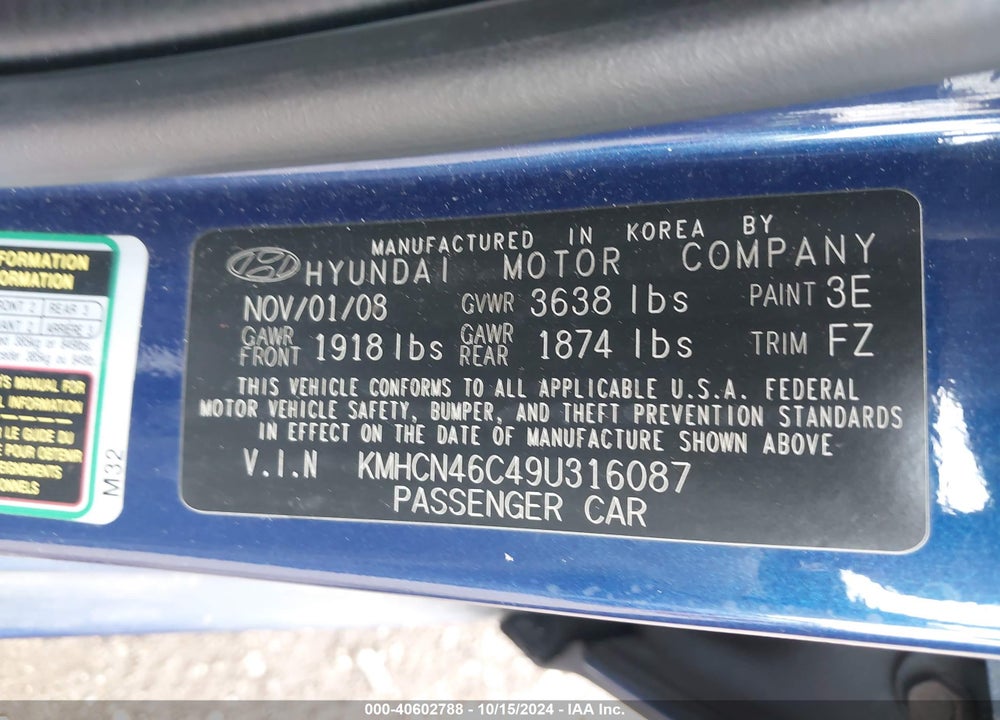 2009 HYUNDAI ACCENT GLS VIN: KMHCN46C49U316087
