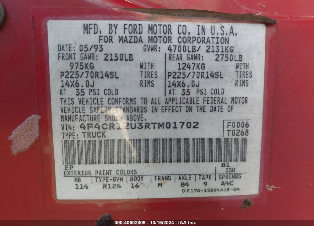 1994 MAZDA B3000 VIN: 4F4CR12U3RTM01702