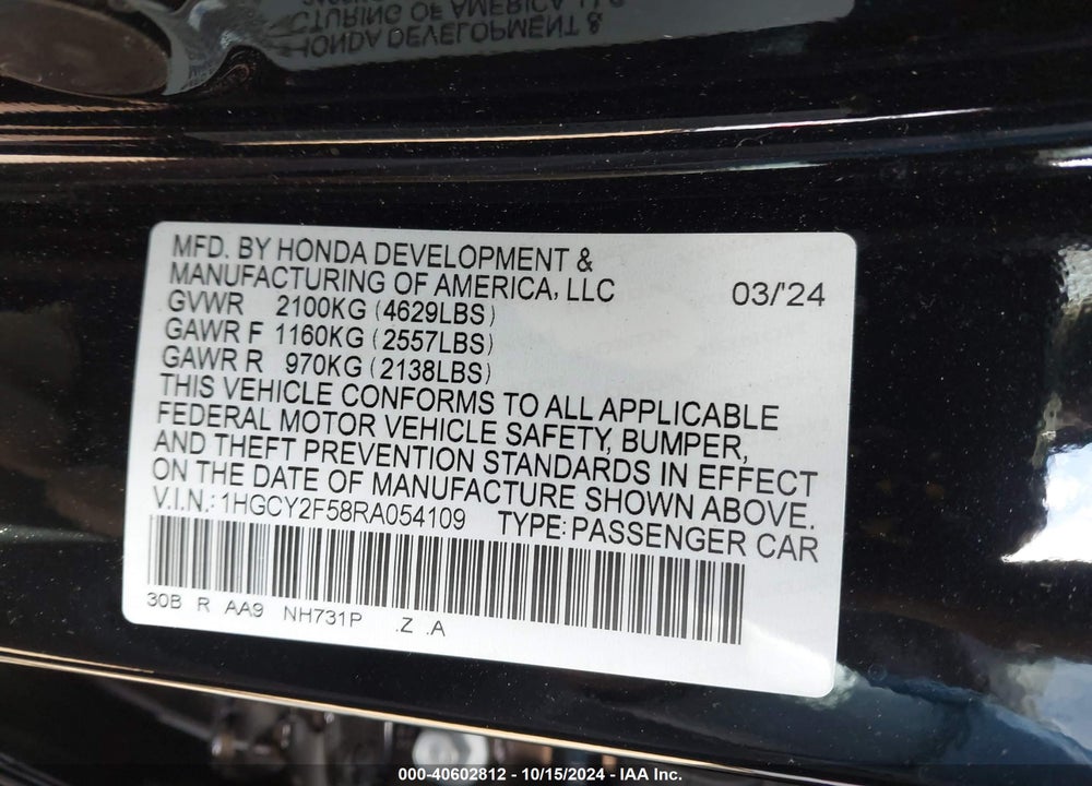 2024 HONDA ACCORD HYBRID SPORT VIN: 1HGCY2F58RA054109