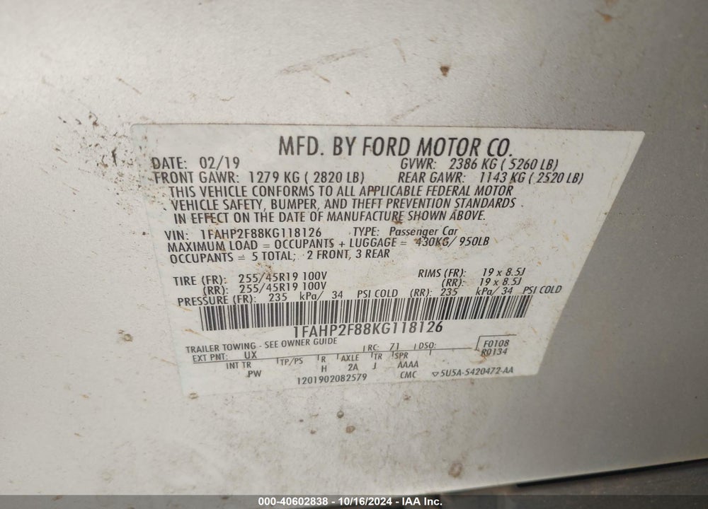2019 FORD TAURUS LIMITED VIN: 1FAHP2F88KG118126