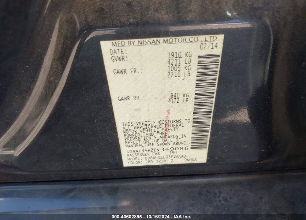 2014 NISSAN ALTIMA 2.5 SL VIN: 1N4AL3AP2EN349086